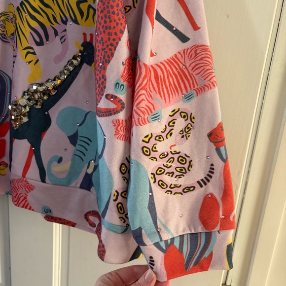 QUEEN OF SPARKLES Multicolor Animal Jungle Print Sweatshirt Gemstones Sparkly L - Picture 5 of 15